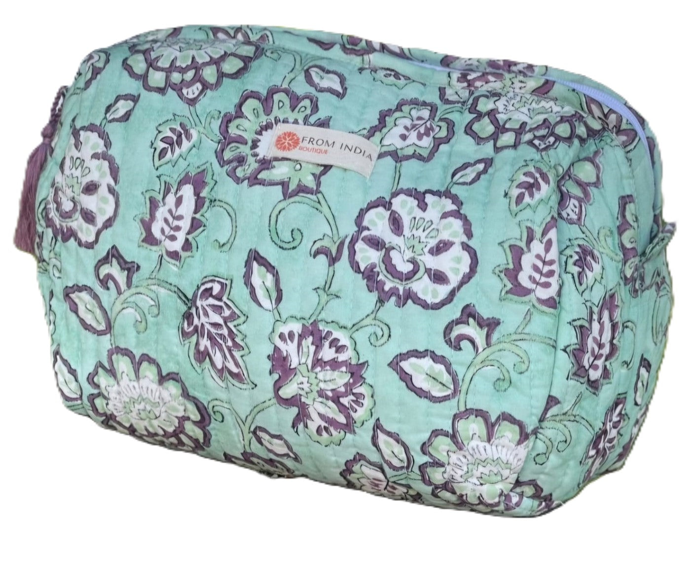 Trousse de toilette matelassée vert d’eau à motif floral violet et blanc avec pompon violet From India Boutique